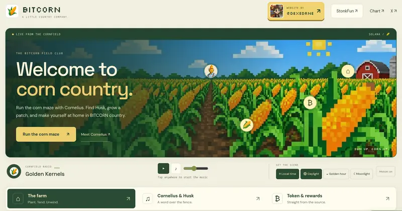 BITCORN home page: “Welcome to corn country” over a pixel-art cornfield with a red barn.