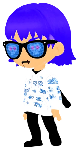 Radbro #4764 in 3D: bright blue hair, black sunglasses with skull lenses, a white hoodie covered in blue scribbles and a katana strapped across his back, mid-stride.