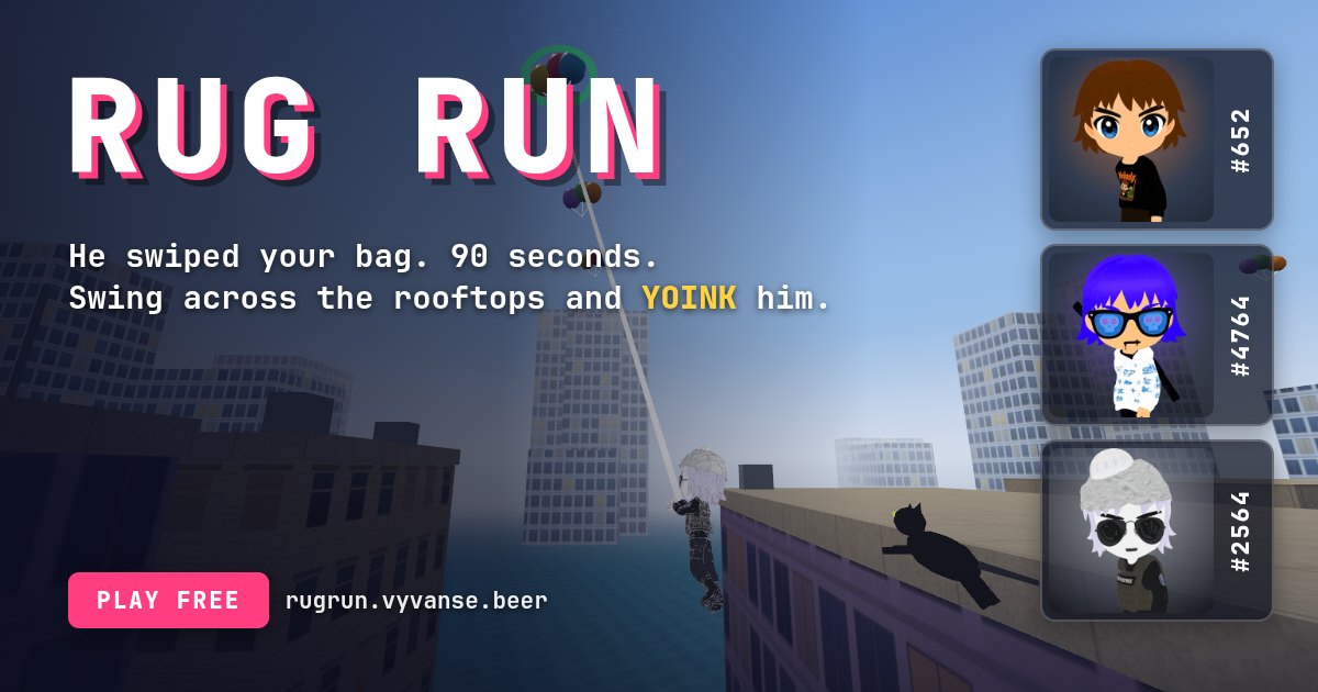 Rug Run: a Radbro swings on a rope between city rooftops, chasing the thief who took the bag.